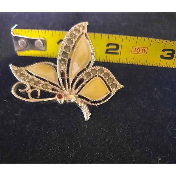 Butterfly Vintage Brooch Gold Tone Green Rhinestones  Yellow Enamel AS IS - Picture 8 of 8